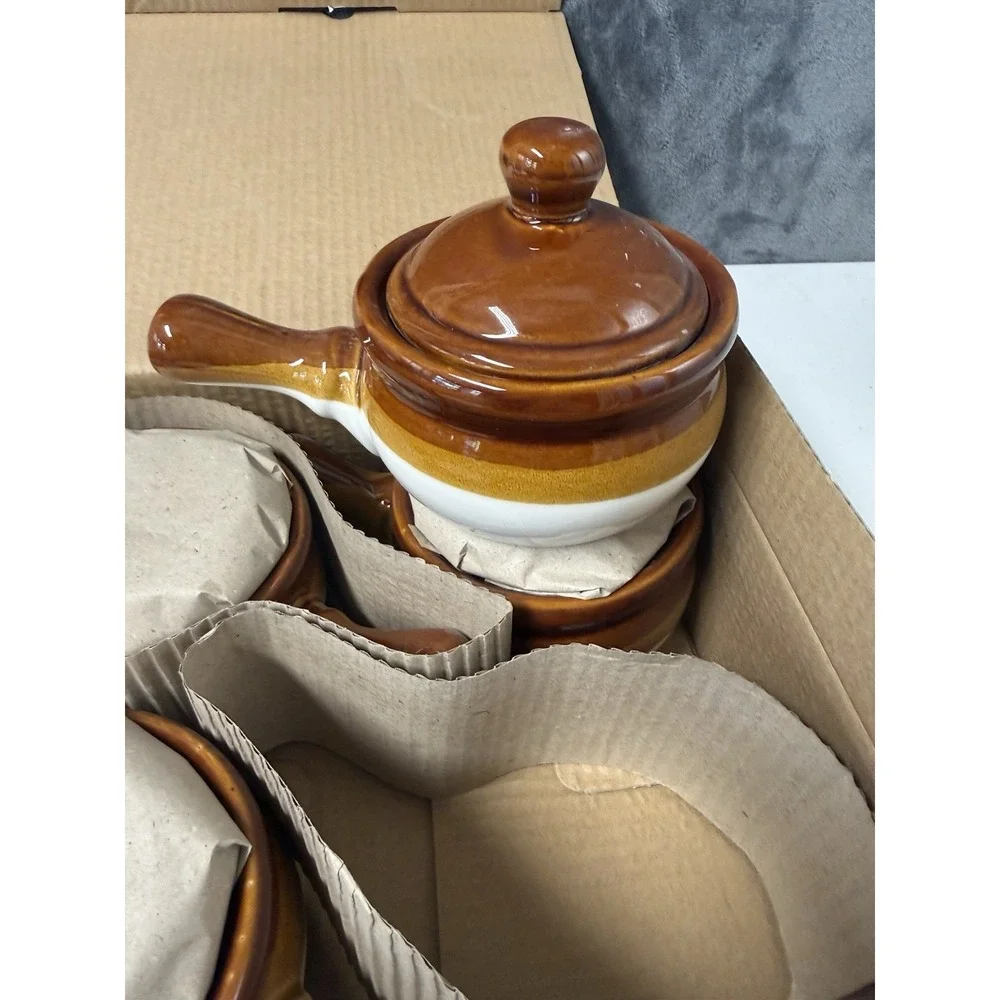 Four (4) Covered Soup Crocks Sturdy Bowl w/ Handle * Lid w/ Knob * Comfort Food